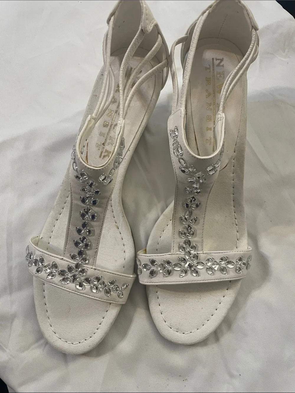 New York Transit Ivory T-Strap Wedge Sandals with Silver Rhinestones